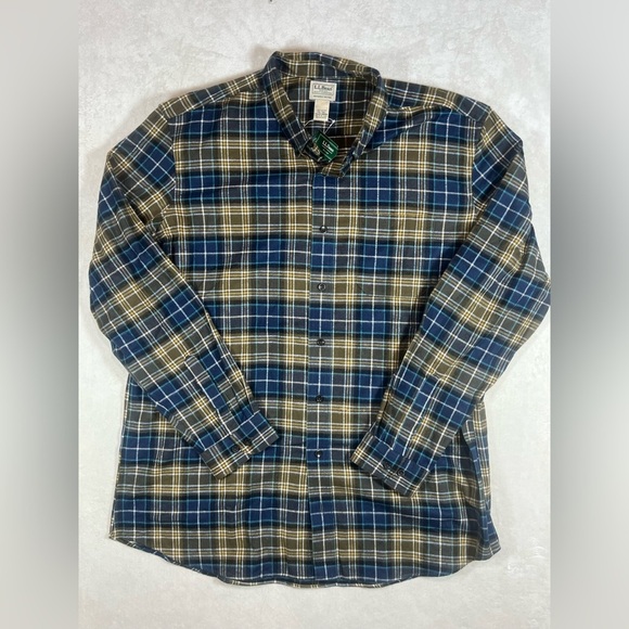 NWT L.L. Bean XXL Tall Blue and Tan Plaid Flannel Soft Men's Shirt - Picture 1 of 8
